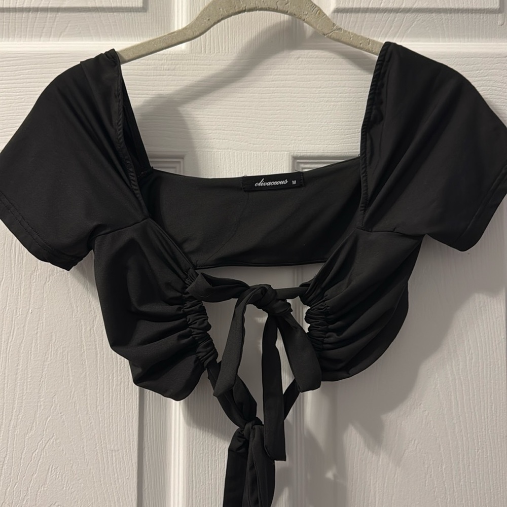 Black mini crop top tie together at front